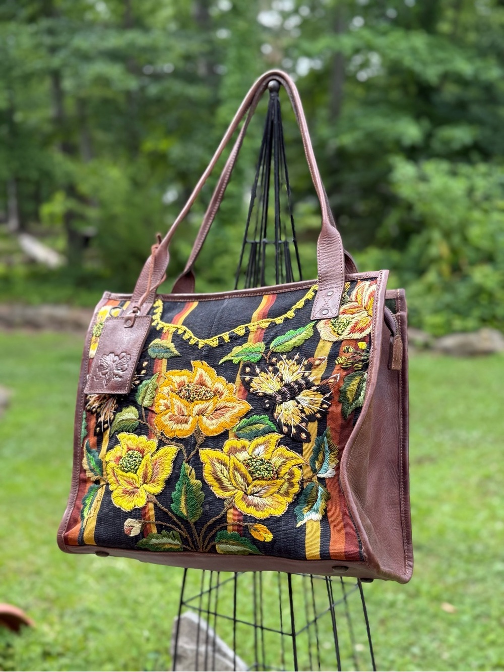 Embroidered Floral Tote Bag in Black and Brown Leather